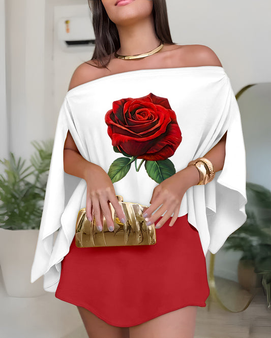 3 Pieces Outfit Floral Print Off Shoulder Split Sleeve Convertible Shoulder Top and Zipper Back Skorts Set with Bandeau