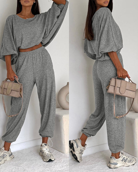 Women's Two Piece Knit Lounge Set Batwing Sleeve Crop Top and High Waist Drawstring Joggers Casual Tracksuit Outfits