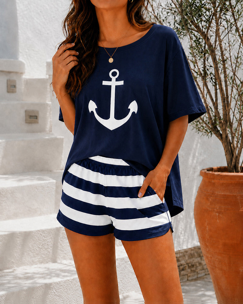 Women's Loungewear Set Anchor Print Side Slit Top and Striped Shorts Set Casual Pajamas Set with Pockets