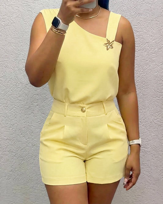 CHICME Women's 2-Piece Short Set Asymmetrical Neck Sleeveless Top and High-Waist Shorts with Starfish Button Accents