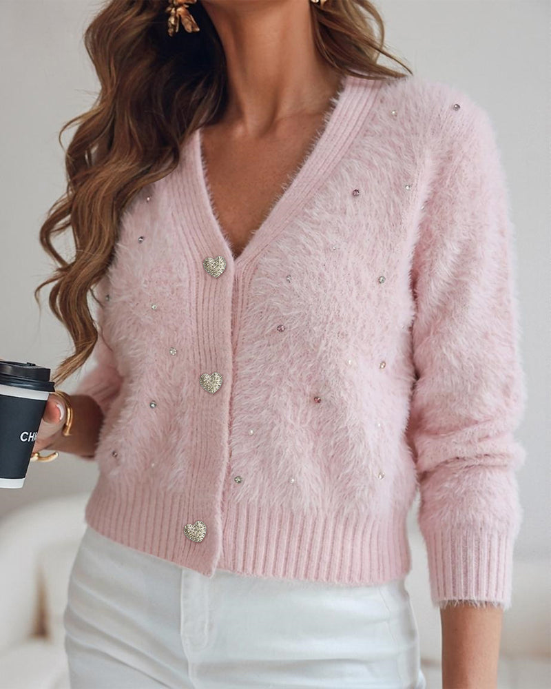 Women's Faux Mink Fur Knit Cardigan Elegant Pearl Rhinestone V Neck Sweater Crop Single Breasted Coat 2 Women's Faux Mink Fur Knit Cardigan Elegant Pearl Rhinestone V Neck Sweater Crop Single Breasted Coat - Image 2