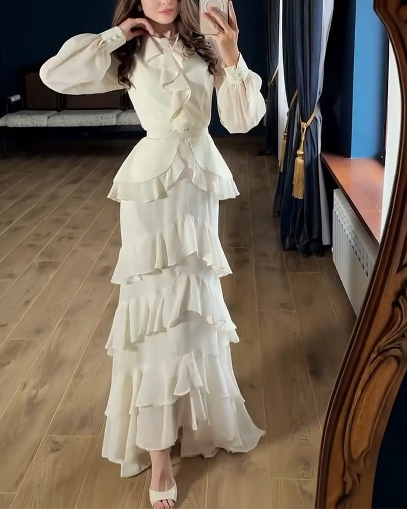 French Style Rhinestone Decor Ruffles Round Neck Lantern Sleeve Asymmetrical Hem Dress Zipper Back Layered Ruffle Hem Chiffon Evening Dress with Belt