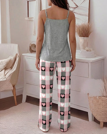2 Pieces Outfit Heart & Good Night Slogan Print U-Neck Adjustable Spaghetti Straps Cami Top and Plaid & Heart Print Elastic Waist Wide Leg Pants Set Casual Pajamas Set