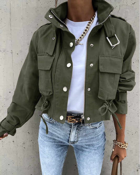 High Neck Zip Up Snap Button Front Flap Pockets Design Cargo Biker Jacket Casual Drawstring Crop Coat