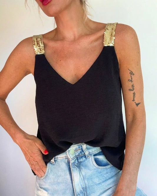 V-Neck Sequin Decor Thick Straps Tank Casual Backless Textured Tank Top