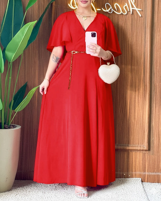 Overlap V-Neck Asymmetrical Ruffles Cape Design Cinched Waist Maxi Dress Elegant Shirred Back Evening Dress without Belt