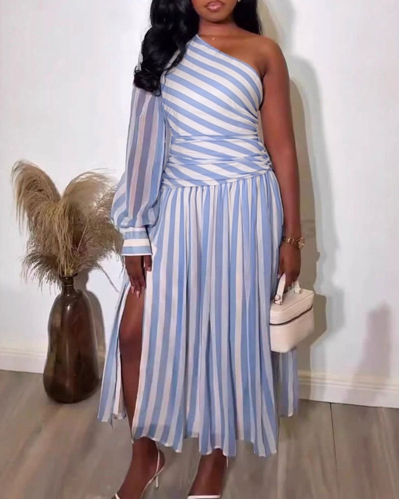 Women's One Shoulder Stripe Maxi Dress Lantern Long Sleeve Ruched High Slit Elegant Chiffon Party Dress