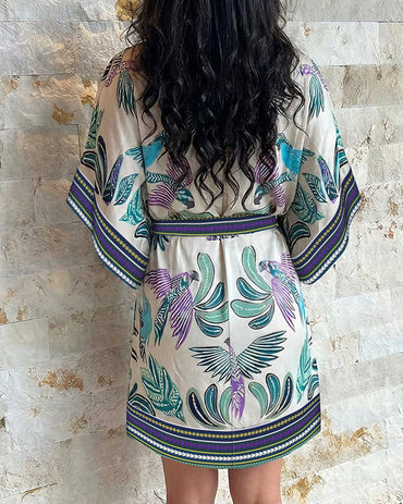 2 Pieces Outfit V-Neck Batwing Sleeve Bodysuit and Zipper Back Tie Waist Wrap Front Skirt Set Casual Animal & Plants Print Vacation Set