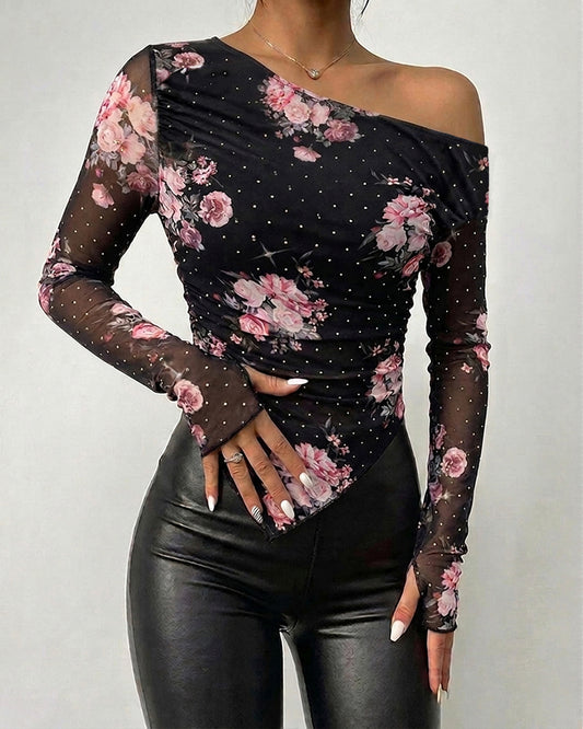 Top de malla floral con escote asimétrico para mujer, camisa de manga larga con pedrería, fruncida, de corte entallado, bajo asimétrico y orificios para los pulgares