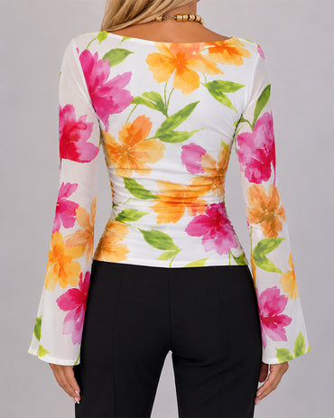Women's Watercolor Floral Boat Neck Mesh Flare Sleeve Ruched Slim Fit Top