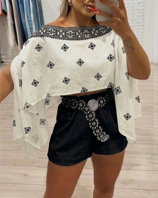 Vintage Baroque Print Off Shoulder Split Sleeve Convertible Shoulder Casual Top with Bandeau