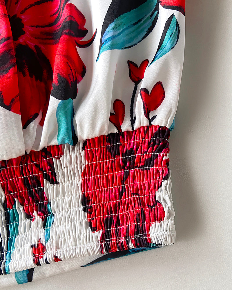 2 Pieces Outfit Floral Print Bell Sleeve Hollow-out Back Shirred Back Hem Top and Casual A-line Skirt Set with Belt