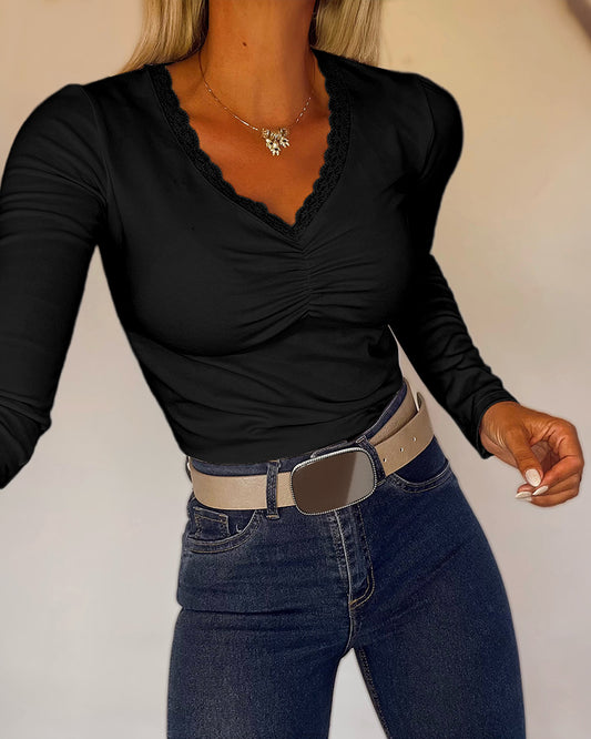 Camiseta elegante e informal de encaje para mujer, con escote en V fruncido, corte entallado y mangas largas