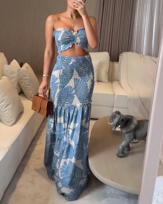 Tropical Print Halter Tie Shirred Frill Trim Cinched Waist Vacation Dress Ruched Cutout Front Slim Fit Ruffle Hem Mermaid Dress