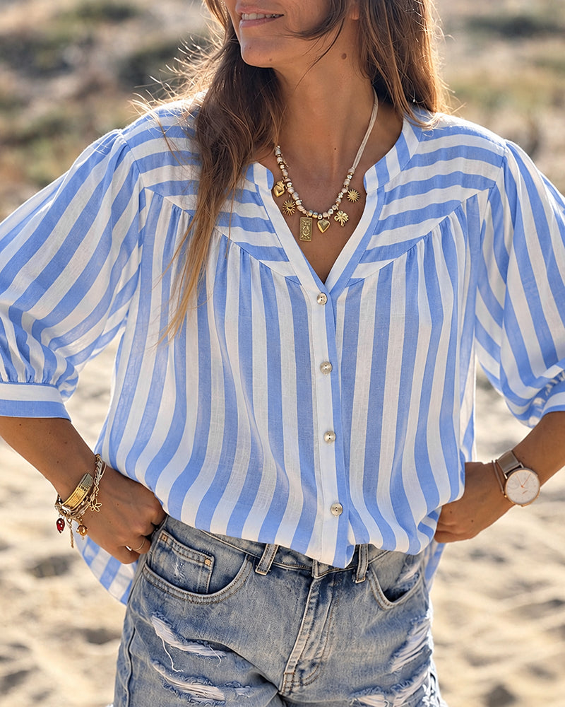 Women's Striped Notch Neck Loose Fit Three Quarters Sleeve Casual Button-Down Top