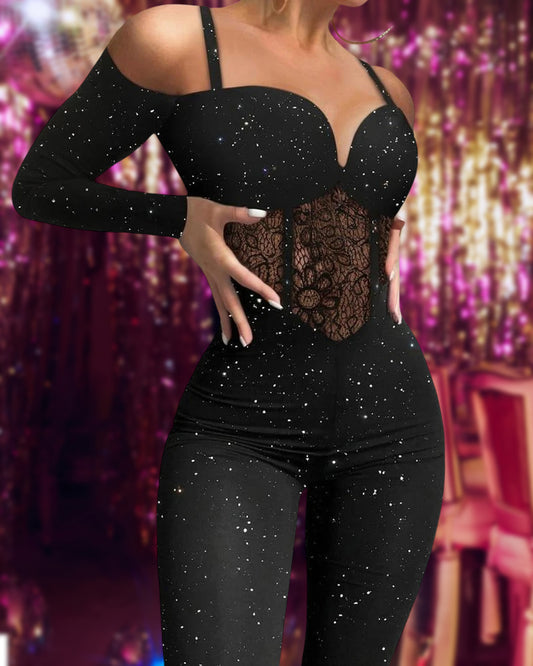 Glitter Cold Shoulder Adjustable Spaghetti Straps Lace Spliced Overalls Slim Fit Zipper Back Corset Jumpsuit