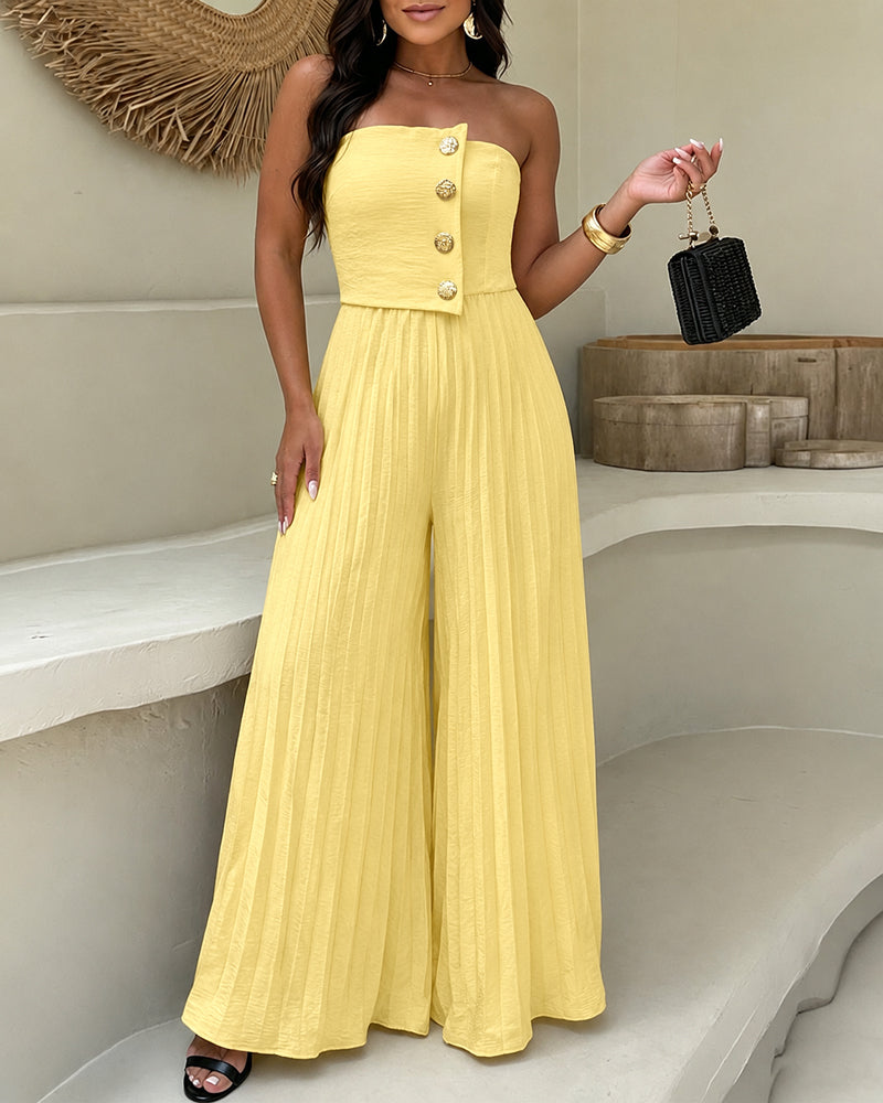 Women's Strapless Jumpsuit Elegant Gold Button Tube Overalls Shirred Pleated High Waisted Wide Leg Jumpsuit with Pockets
