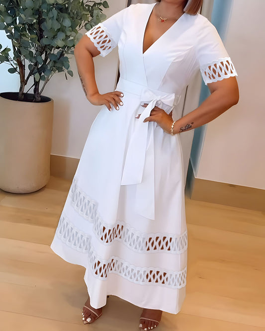Plunge Short Sleeve Casual Cinch Hollow-out Tied Detail Dress