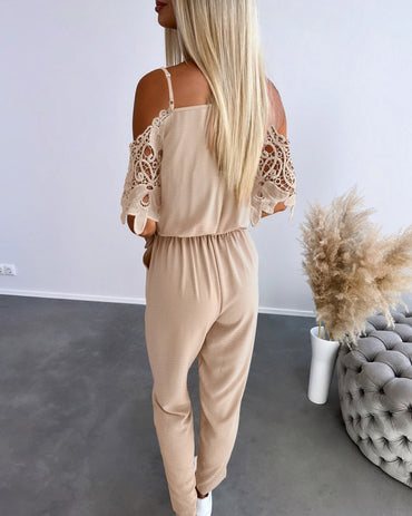 Women's Cold Shoulder Jumpsuit Gold Chain Lace Patchwork Overalls Tapered Leg Jumpsuits with Pockets & Belt