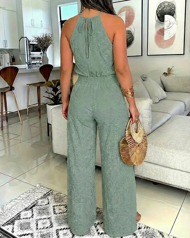 2 Pieces Outfit Halter Tie Guipure Lace Spliced Front Hollow-out Back Top and Elastic Back Waist Wrapped Slit Pants Set Casual Jacquard Textured Vacation Set