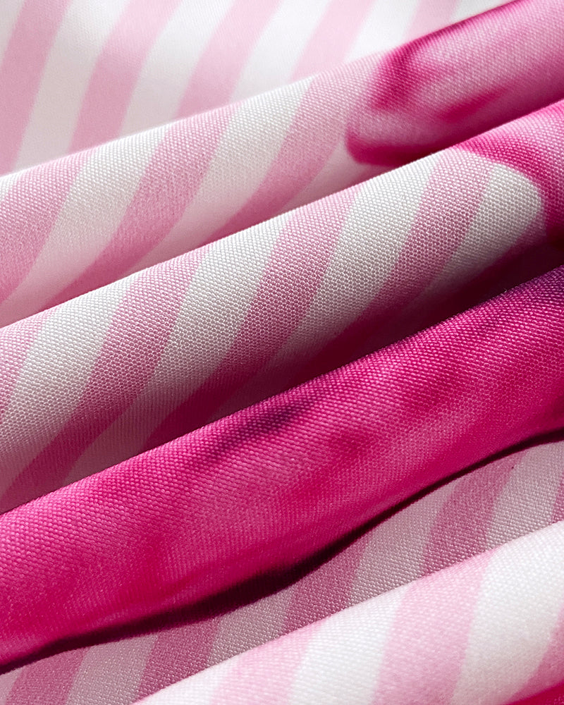 Striped & Floral Print Turn-down Collar Denim Look Spliced Button Front Blouse Casual High-Low Hem Top