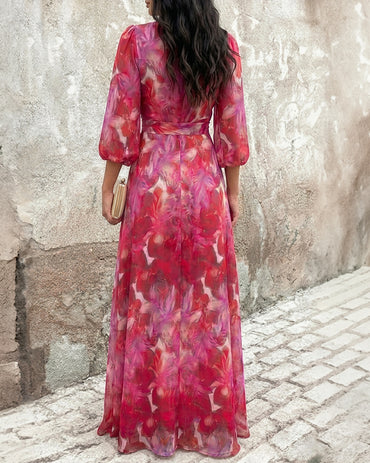 Women's Floral Print Wrap Knot Side Dress V Neck Three Quarters Sleeve Chiffon Maxi Dress High Slit Vacation Dress