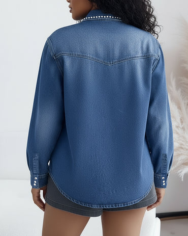 Vintage Rhinestone & Pearls Decor Turn-down Collar Button Front Asymmetrical Hem Coat Casual Flower Pattern Flap Pockets Design Washed Denim Coat