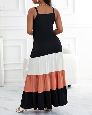 Spaghetti Strap Colorblock Ruched Ruffles Maxi Dress