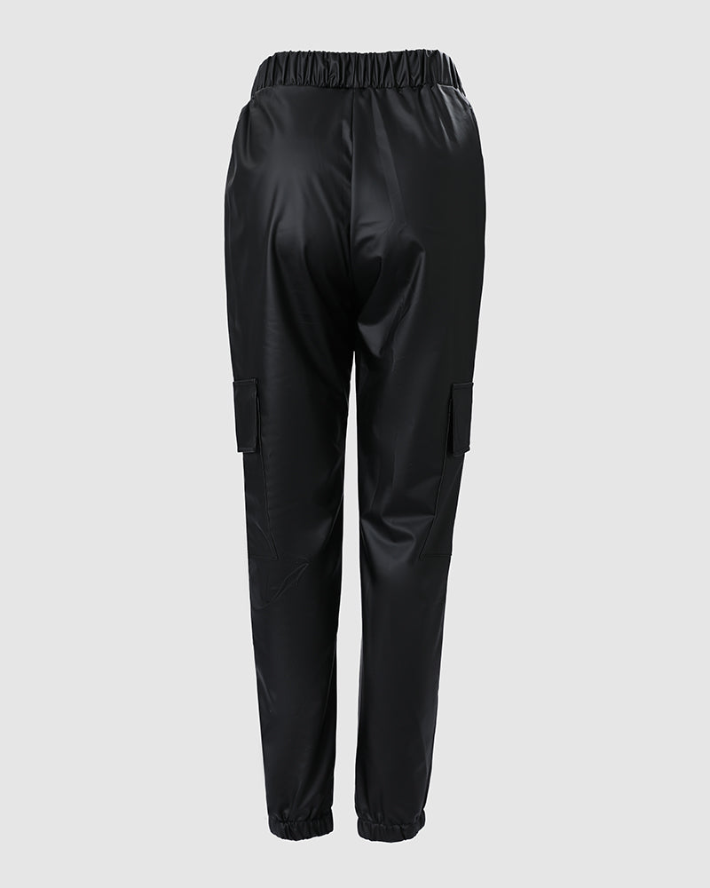 Elastic Waist PU Leather Drawstring Cuffed Pants with Pocket