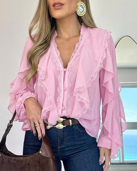 V-Neck Long Sleeve Button Front Eyelash Lace Spliced Blouse Casual Ruffles Patchwork Semi-Sheer Top