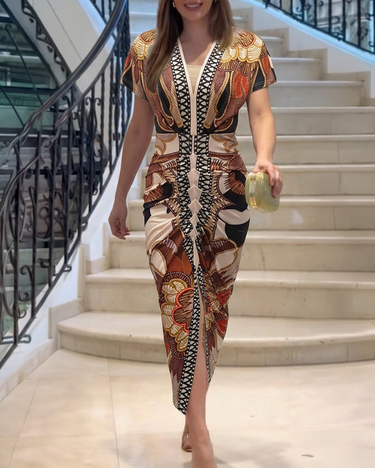 Vintage Baroque Print Deep V-Neck Short Sleeve Ruched Mid-length Dress Slim Fit Slit Front Vacation Dress