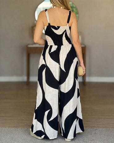 Colorblock Abstract Print Square Neck Adjustable Straps Shirred Back Overalls Casual Cinched Waist Wide Leg Cami Jumpsuit