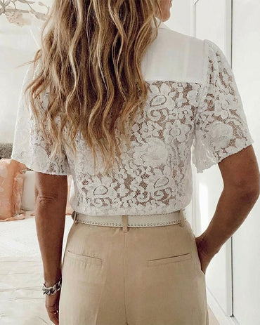 Turn-down Collar Butterfly Sleeve Button Front Shirt Sexy Lace Spliced Sheer Top