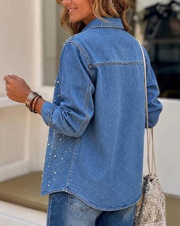 Camisa vaquera de manga larga con diamantes de imitación para mujer, chaqueta informal con botones