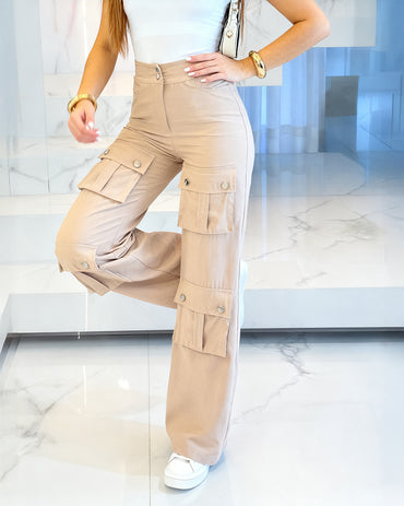 High Waist Zipper Fly Multiple Flap Pockets Design Utility Pants Casual Elastic Back Waist Wide Leg Cargo Pants