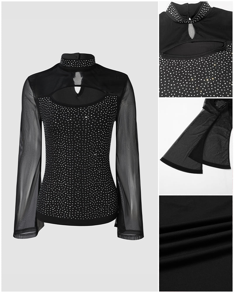 Women's Rhinestone Sheer Mesh Patchwork Cutout Mock Neck Long Sleeve Top