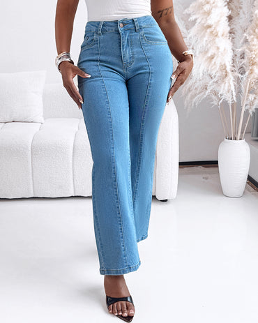 Seam Front High Wait Straight Leg Denim Pants Casual Zipper Fly Jeans