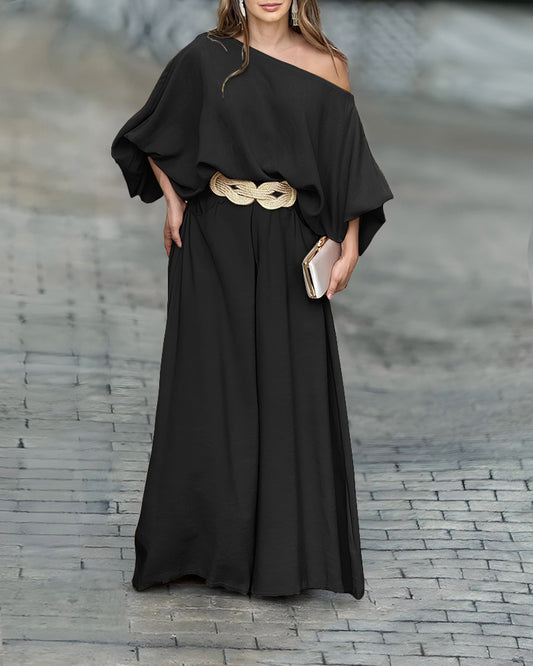 2 Pieces Outfit Turn-down Coll Long Sleeve Button Front Satin Shirt and Casual Vintage Floral Print Elastic Back Waist Wide Leg Pants Set without Belt