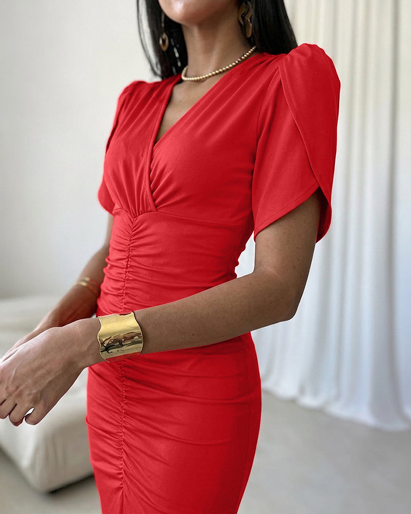 Women's Ruched V Neck Midi Dress Petal Short Sleeve Slit Party Gown Elegant Evening Dress