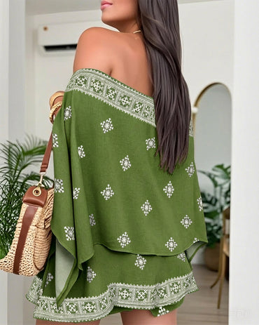 3 Pieces Outfit Boho Off Shoulder Split Sleeve Convertible Shoulder Top and Elastic Back Waist Skorts Set Casual Vintage Tribal Print Vacation Set with Bandeau