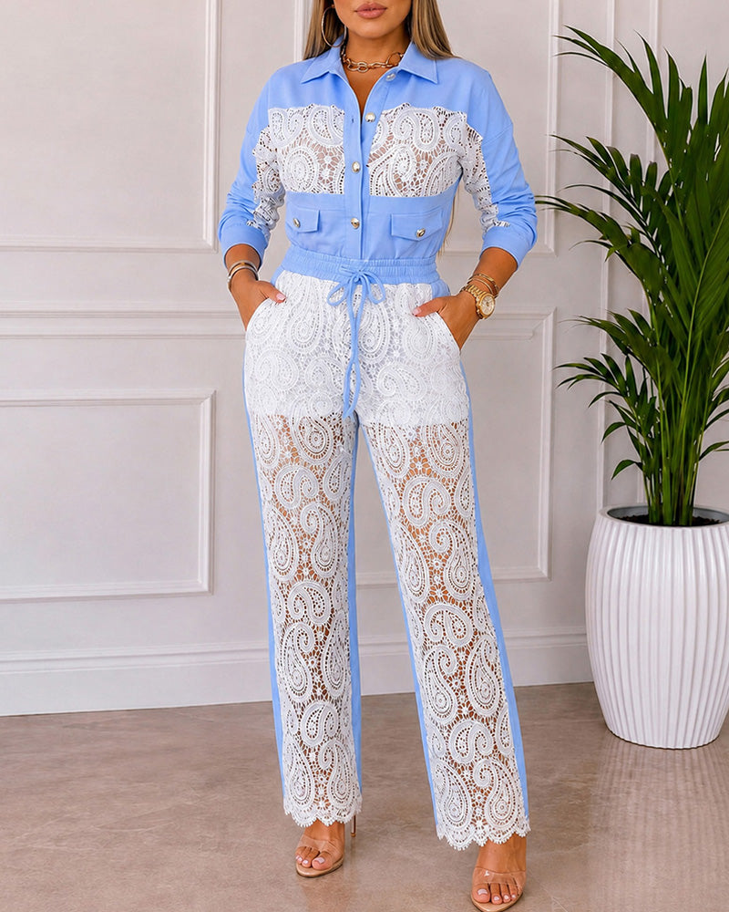 Women's Contrast Lace Spliced Two Piece Outfits Turn-down Collar Cropped Top and Drawstring Straight Leg Lined Pants