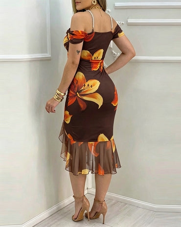 Women's Vintage Floral Print Bodycon Dress Cowl Neck Stretchy Pearl Strap Mermaid Dress Elegant Side Slit Evening Gown