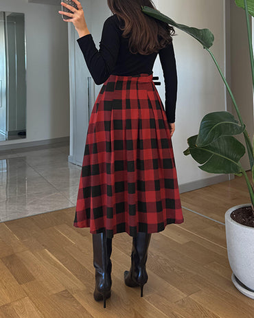 Plaid Print High Waist Side Slit Mid-length Skirt Casual Double Buckle A Line Pleated Skirt
