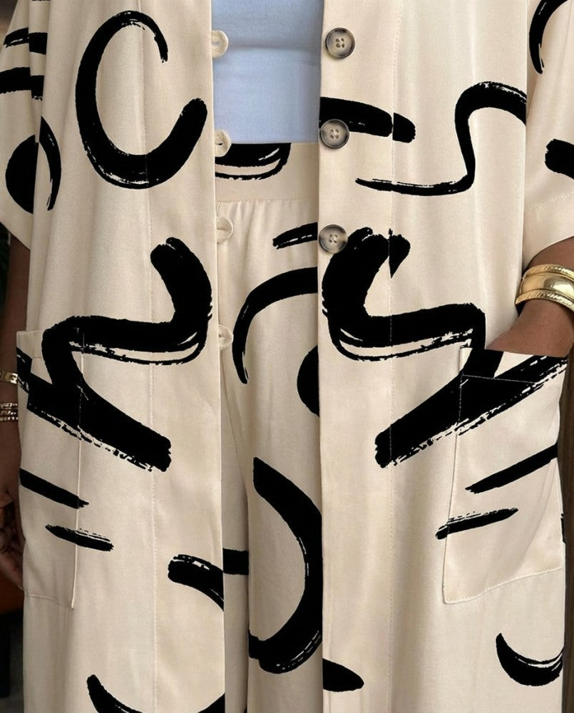 2 Pieces Outfit Batwing Sleeve Button Front Side Slit Longline Coat and Elastic Back Waist Wide Leg Pants Set Casual Abstract Print Satin Set