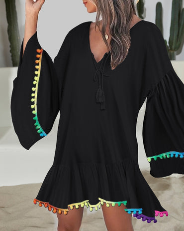 Colorblock V-Neck Bell Sleeve A Line Tassel Mini Dress Vacation Dress
