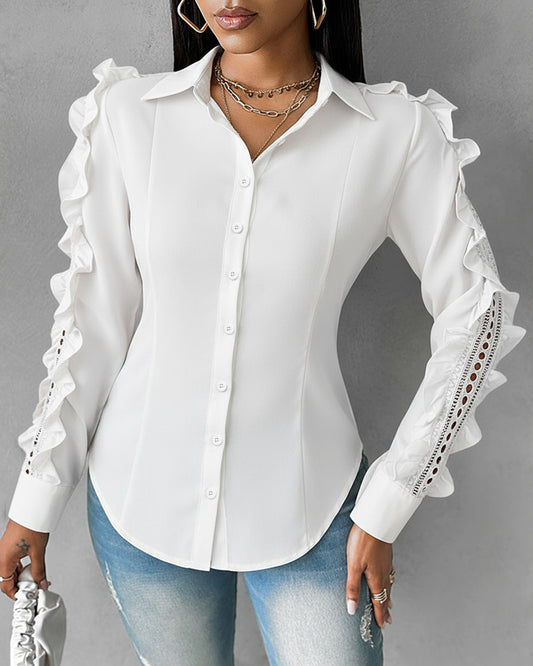 Turn-down Collar Ruffles & Hollow-out Design Long Sleeve Blouse Button Front Asymmetrical Hem Top