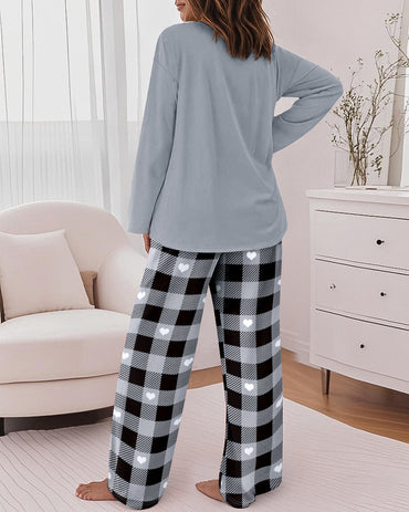 Women's 2 Piece Pajama Set Letter Print Long Sleeve Top and Plaid Heart Wide Leg Pants Casual Lounge Set