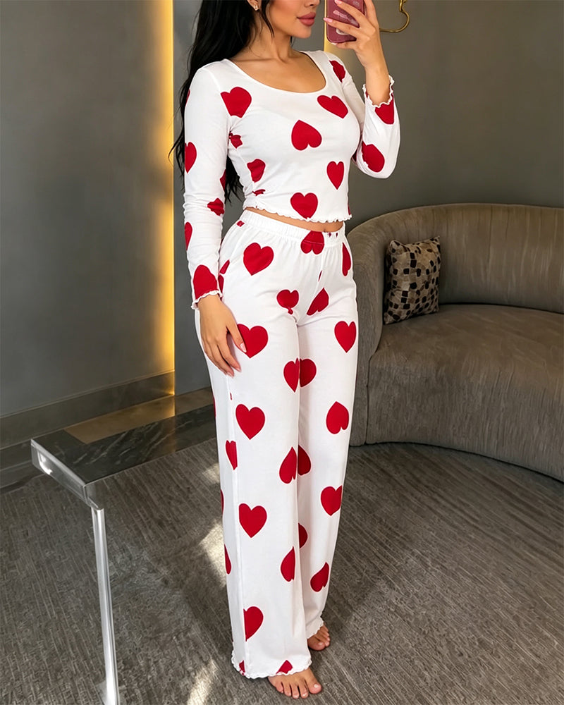 Women's Heart Print Pajama Set Backless Tied Detail Crop Top and High Waist Straight Leg Pants