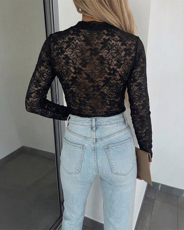 Women's Floral Sheer Lace Long Sleeve Top Crewneck Slim Fit Tee with Thumb Holes
