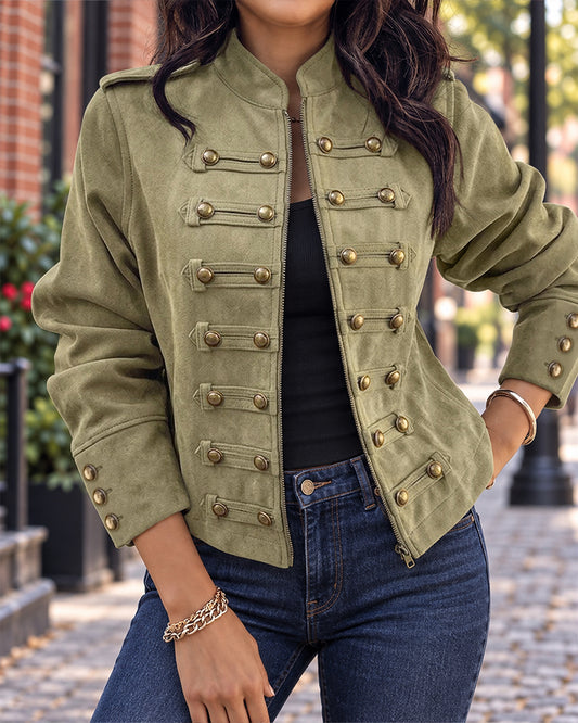 Women's Vintage Suede Stand Collar Button Decor Jacket Zip Up Crop Coat